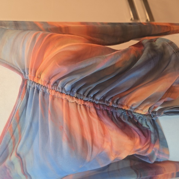 Sunset In The Sky Mesh Multicolor Ruched V-Neck Cropped Women's Top Size XL - Picture 4 of 9